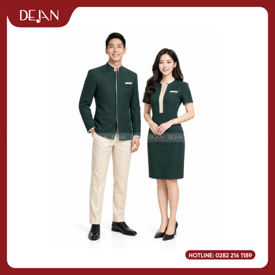 Đồng Phục Lễ Tân Nhà Hàng DJDPLTNH1005 - Xanh Lá Đậm Phối Kem Nổi Bật