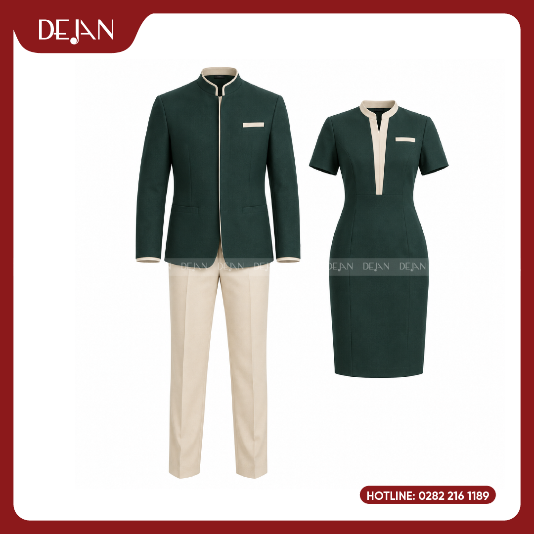 DJDPLTNH1005-dong-phuc-le-tan-nha-hang-02 Đồng Phục Lễ Tân Nhà Hàng DJDPLTNH1005 - Xanh Lá Đậm Phối Kem Nổi Bật