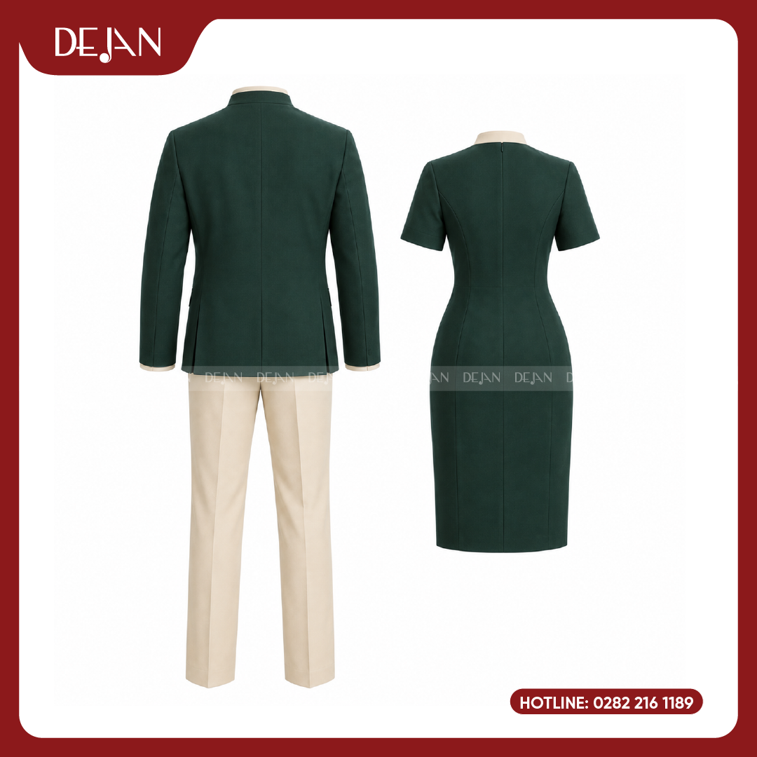 DJDPLTNH1005-dong-phuc-le-tan-nha-hang-03 Đồng Phục Lễ Tân Nhà Hàng DJDPLTNH1005 - Xanh Lá Đậm Phối Kem Nổi Bật