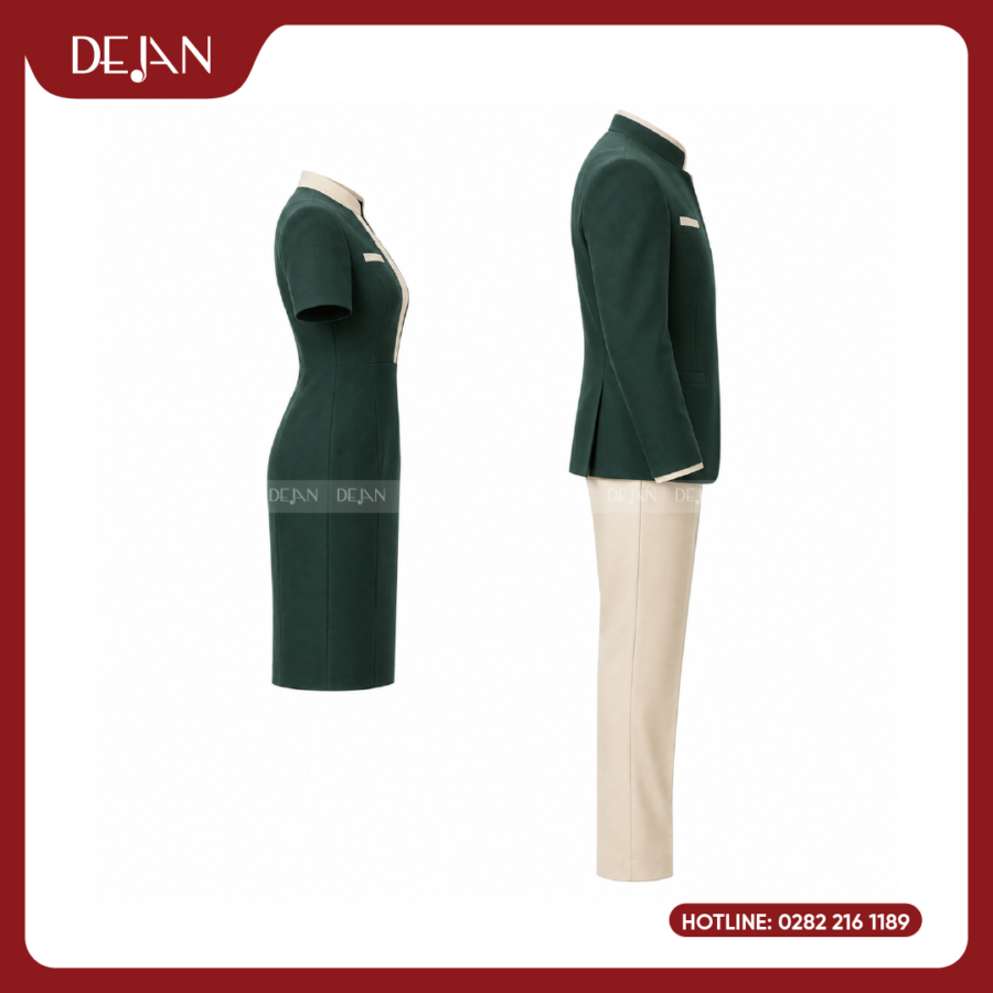 Đồng Phục Lễ Tân Nhà Hàng DJDPLTNH1005 - Xanh Lá Đậm Phối Kem Nổi Bật