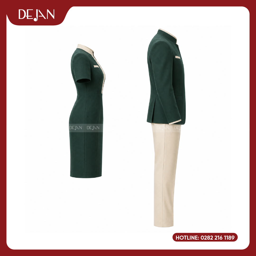 DJDPLTNH1005-dong-phuc-le-tan-nha-hang-04 Đồng Phục Lễ Tân Nhà Hàng DJDPLTNH1005 - Xanh Lá Đậm Phối Kem Nổi Bật