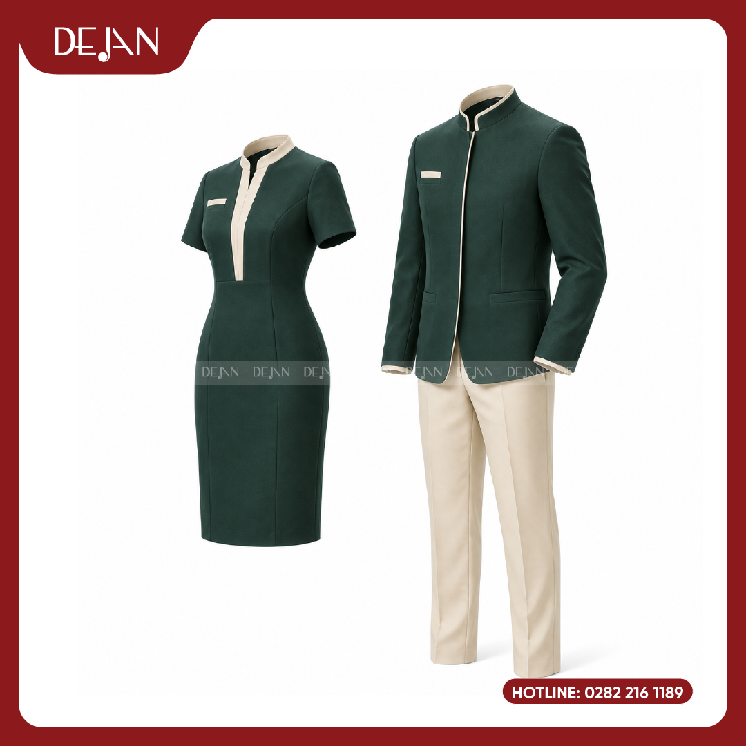 DJDPLTNH1005-dong-phuc-le-tan-nha-hang-05 Đồng Phục Lễ Tân Nhà Hàng DJDPLTNH1005 - Xanh Lá Đậm Phối Kem Nổi Bật