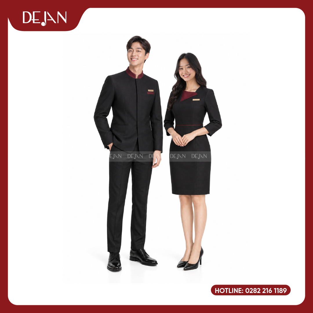 DJDPLTNH1007-dong-phuc-le-tan-nha-hang-01 Đồng Phục Lễ Tân Nhà Hàng DJDPLTNH1007 - Đen Phối Đỏ Đô Huyền Bí, Cuốn Hút