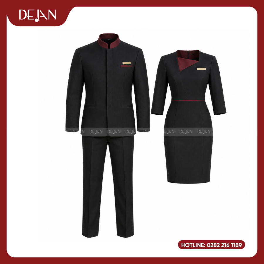 Đồng Phục Lễ Tân Nhà Hàng DJDPLTNH1007 - Đen Phối Đỏ Đô Huyền Bí, Cuốn Hút