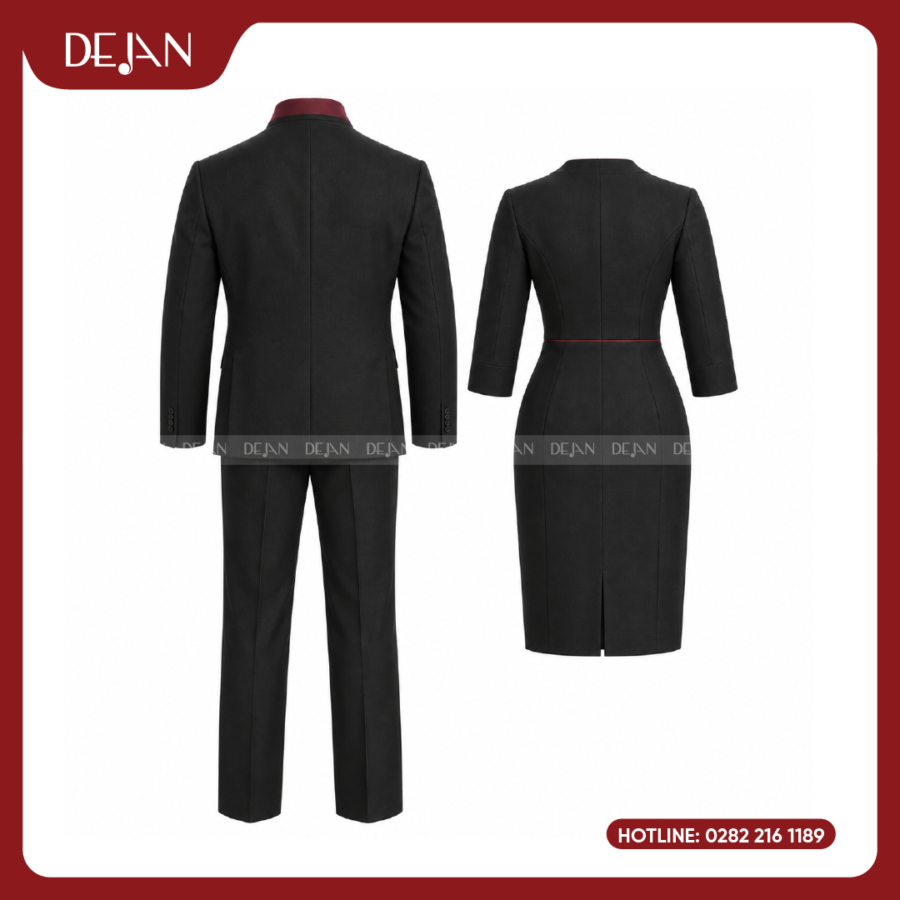 Đồng Phục Lễ Tân Nhà Hàng DJDPLTNH1007 - Đen Phối Đỏ Đô Huyền Bí, Cuốn Hút