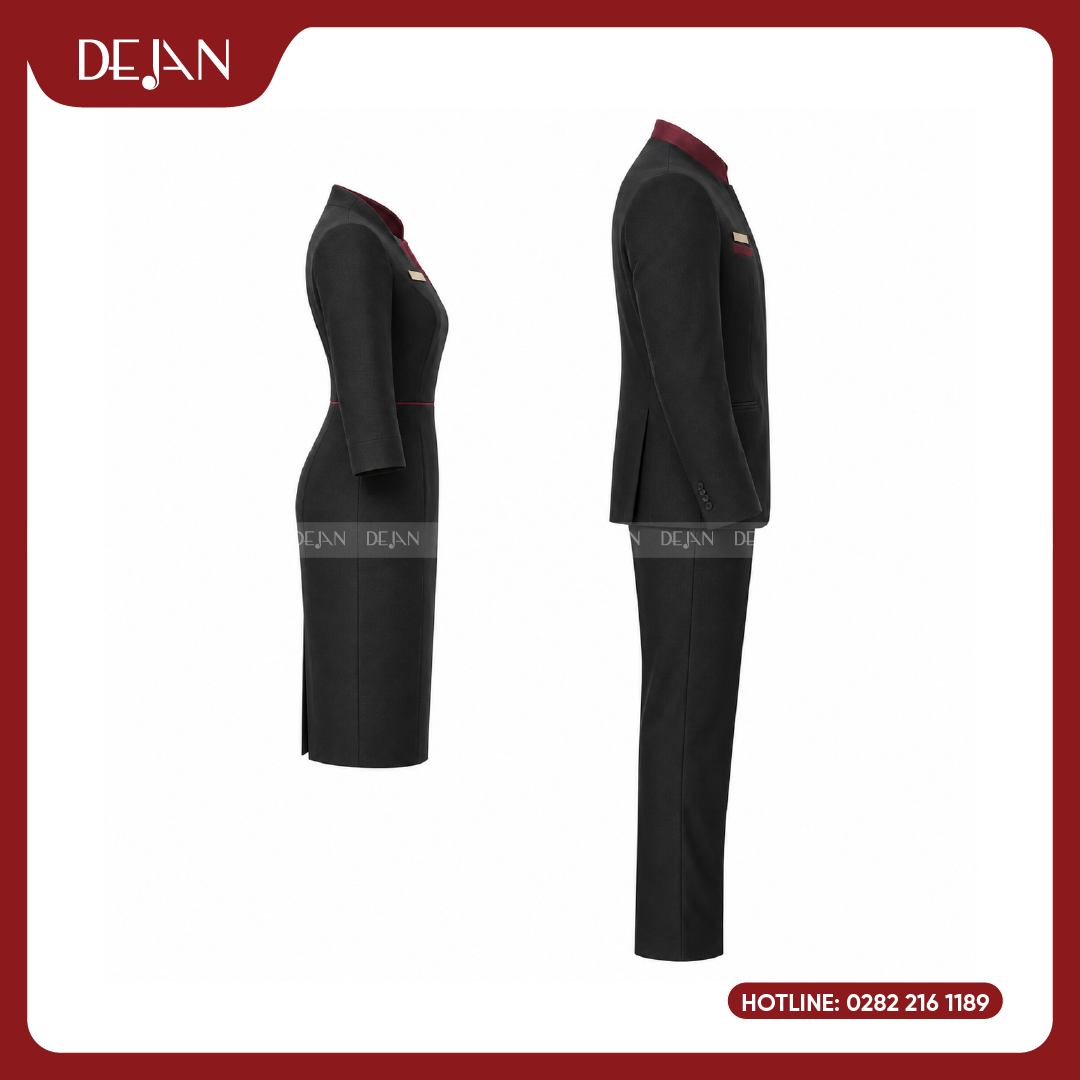 DJDPLTNH1007-dong-phuc-le-tan-nha-hang-04 Đồng Phục Lễ Tân Nhà Hàng DJDPLTNH1007 - Đen Phối Đỏ Đô Huyền Bí, Cuốn Hút