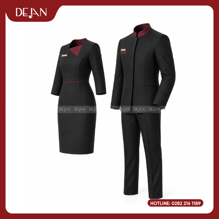 Đồng Phục Lễ Tân Nhà Hàng DJDPLTNH1007 - Đen Phối Đỏ Đô Huyền Bí, Cuốn Hút