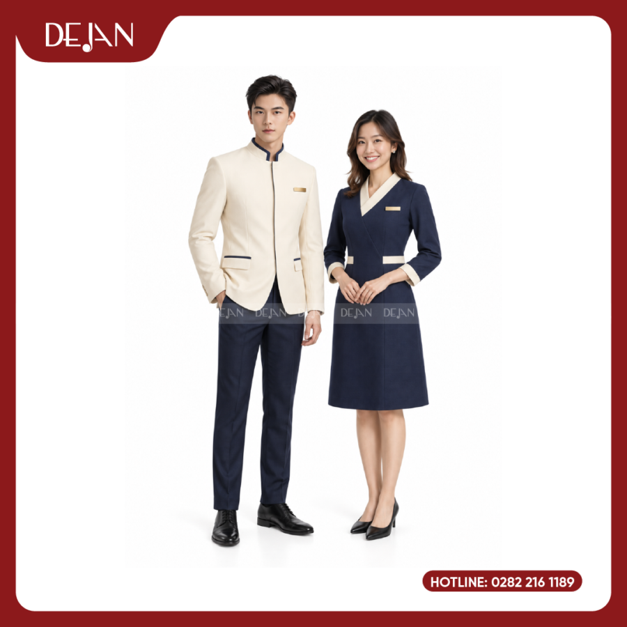 Đồng Phục Lễ Tân Nhà Hàng DJDPLTNH1009 - Kem Phối Navy Tương Phản Tinh Tế