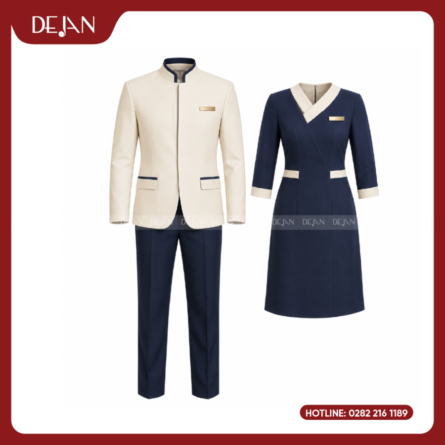 Đồng Phục Lễ Tân Nhà Hàng DJDPLTNH1009 - Kem Phối Navy Tương Phản Tinh Tế