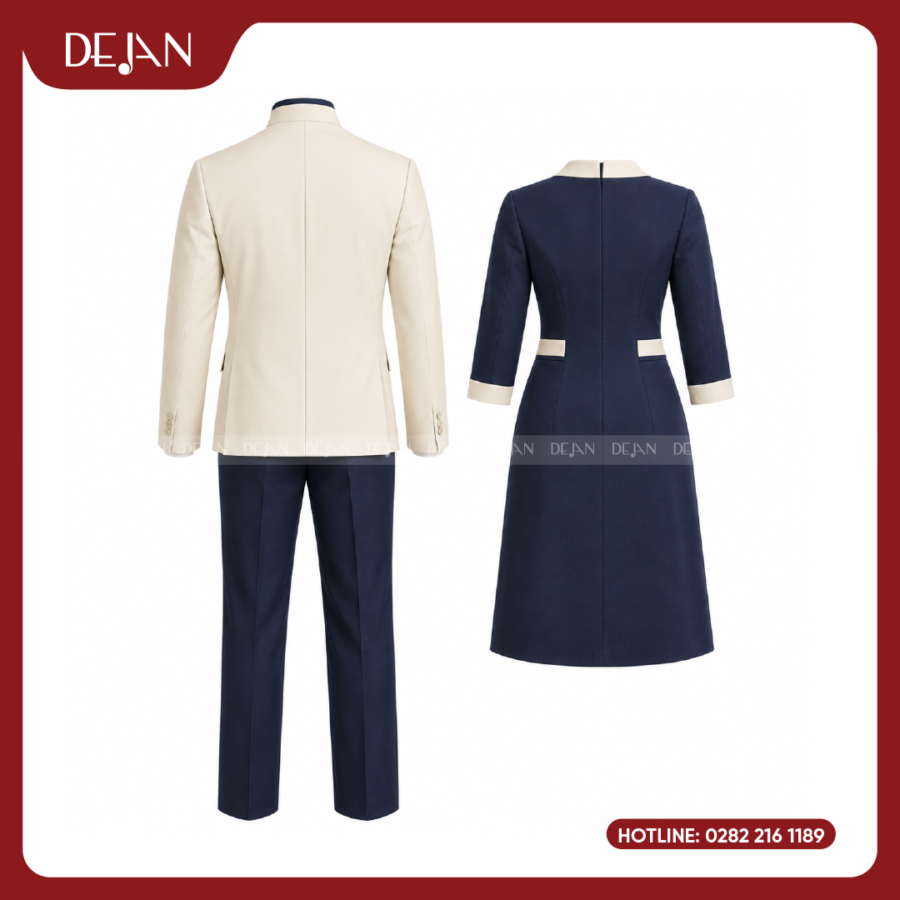 Đồng Phục Lễ Tân Nhà Hàng DJDPLTNH1009 - Kem Phối Navy Tương Phản Tinh Tế