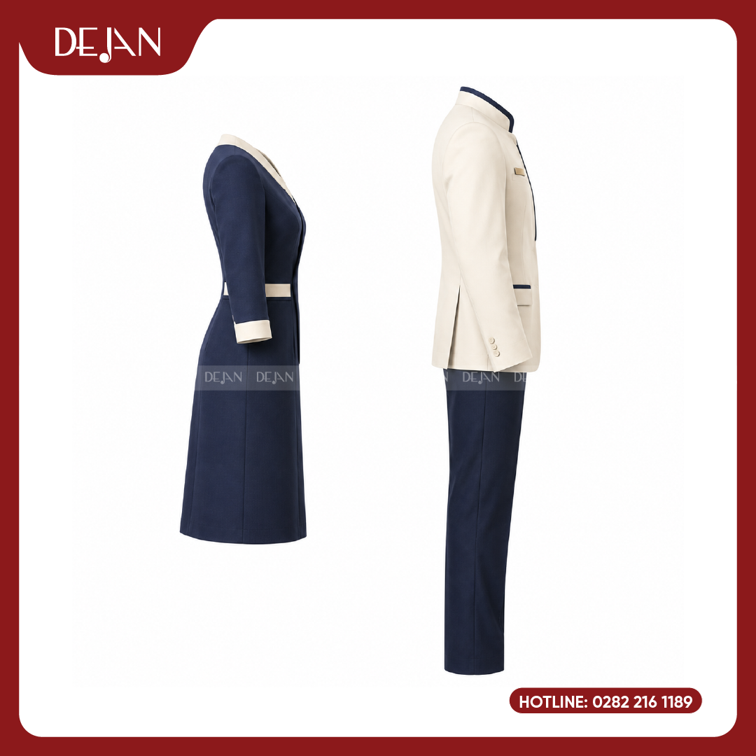 DJDPLTNH1009-dong-phuc-le-tan-nha-hang-04 Đồng Phục Lễ Tân Nhà Hàng DJDPLTNH1009 - Kem Phối Navy Tương Phản Tinh Tế