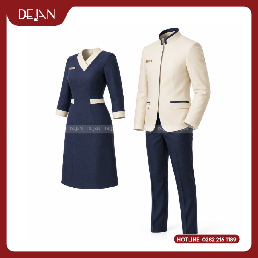Đồng Phục Lễ Tân Nhà Hàng DJDPLTNH1009 - Kem Phối Navy Tương Phản Tinh Tế