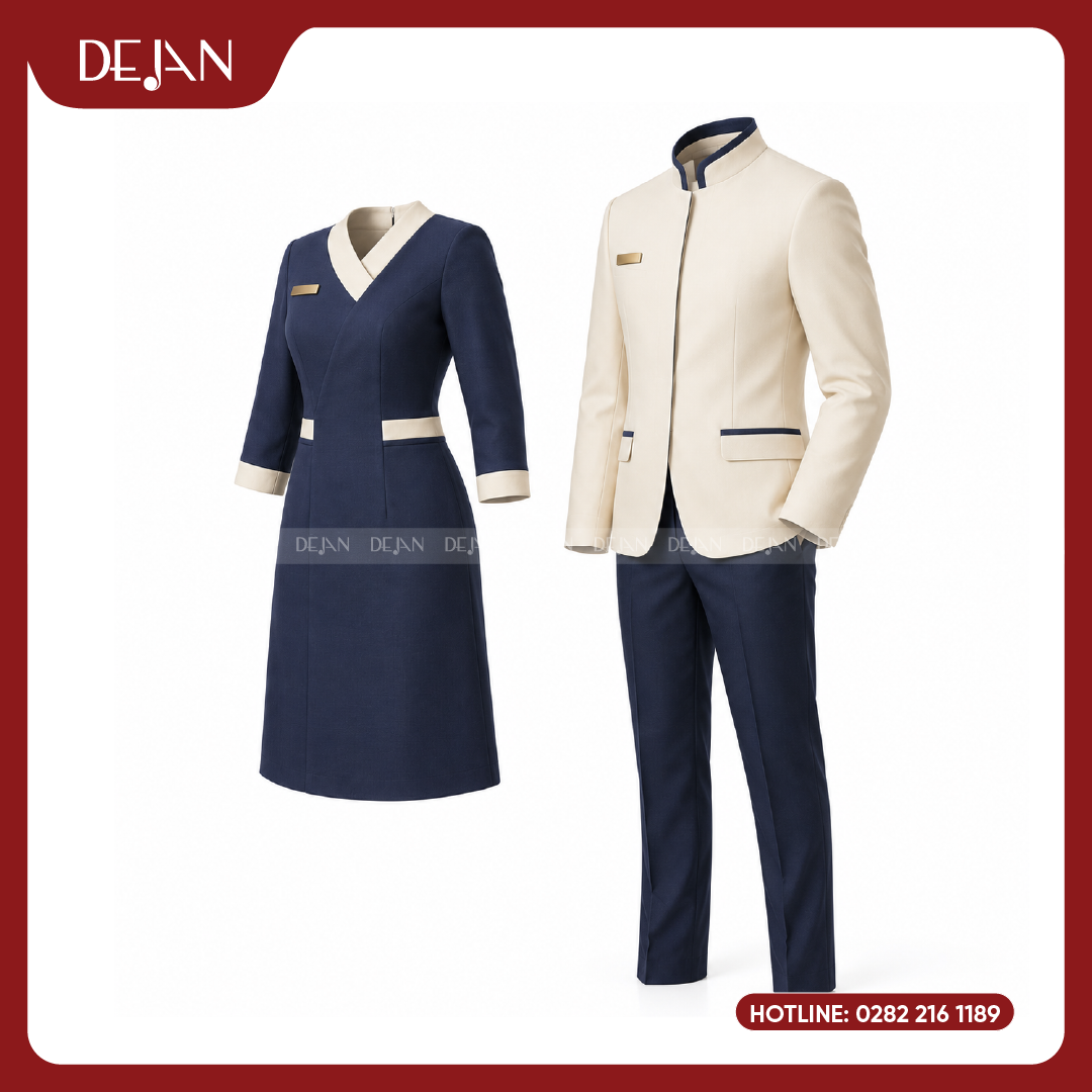 DJDPLTNH1009-dong-phuc-le-tan-nha-hang-05 Đồng Phục Lễ Tân Nhà Hàng DJDPLTNH1009 - Kem Phối Navy Tương Phản Tinh Tế