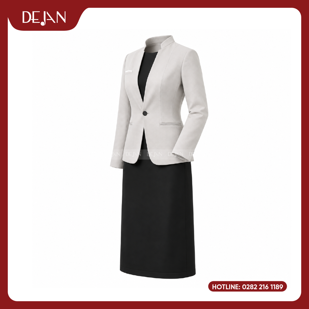 DJDPQLNH1012-dong-phuc-quan-ly-nha-hang-05 Đồng Phục Quản Lý Nhà Hàng DJDPQLNH1012 - Blazer Kem Nữ Phối Đầm Đen Sang Trọng