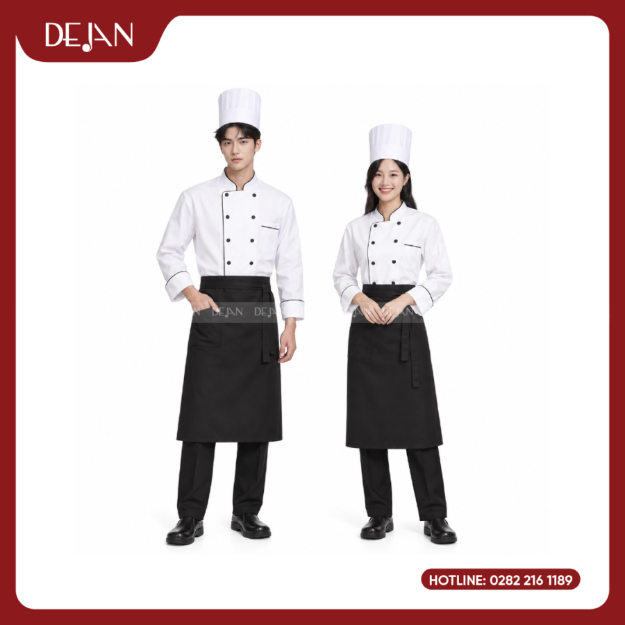 Đồng Phục Đầu Bếp DJDB1001 - Áo Chef Trắng Viền Đen Kinh Điển, Tạp Dề Đen