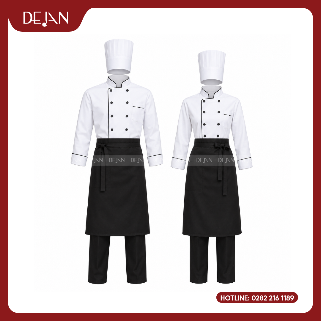DJDB1001-dong-phuc-dau-bep-02 Đồng Phục Đầu Bếp DJDB1001 - Áo Chef Trắng Viền Đen Kinh Điển, Tạp Dề Đen