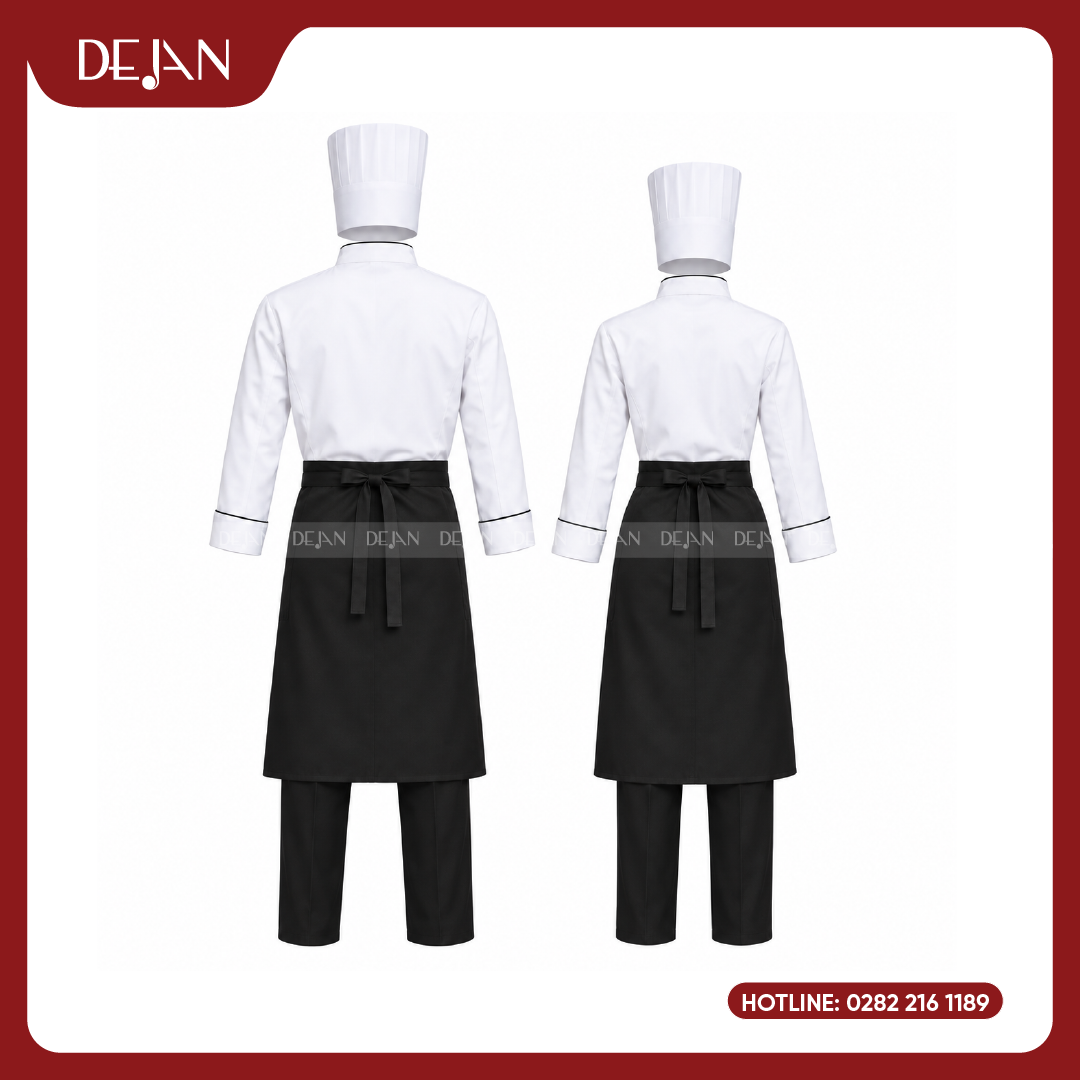 DJDB1001-dong-phuc-dau-bep-03 Đồng Phục Đầu Bếp DJDB1001 - Áo Chef Trắng Viền Đen Kinh Điển, Tạp Dề Đen