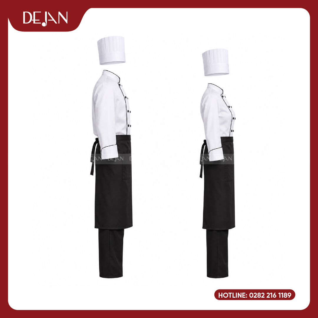 DJDB1001-dong-phuc-dau-bep-04 Đồng Phục Đầu Bếp DJDB1001 - Áo Chef Trắng Viền Đen Kinh Điển, Tạp Dề Đen