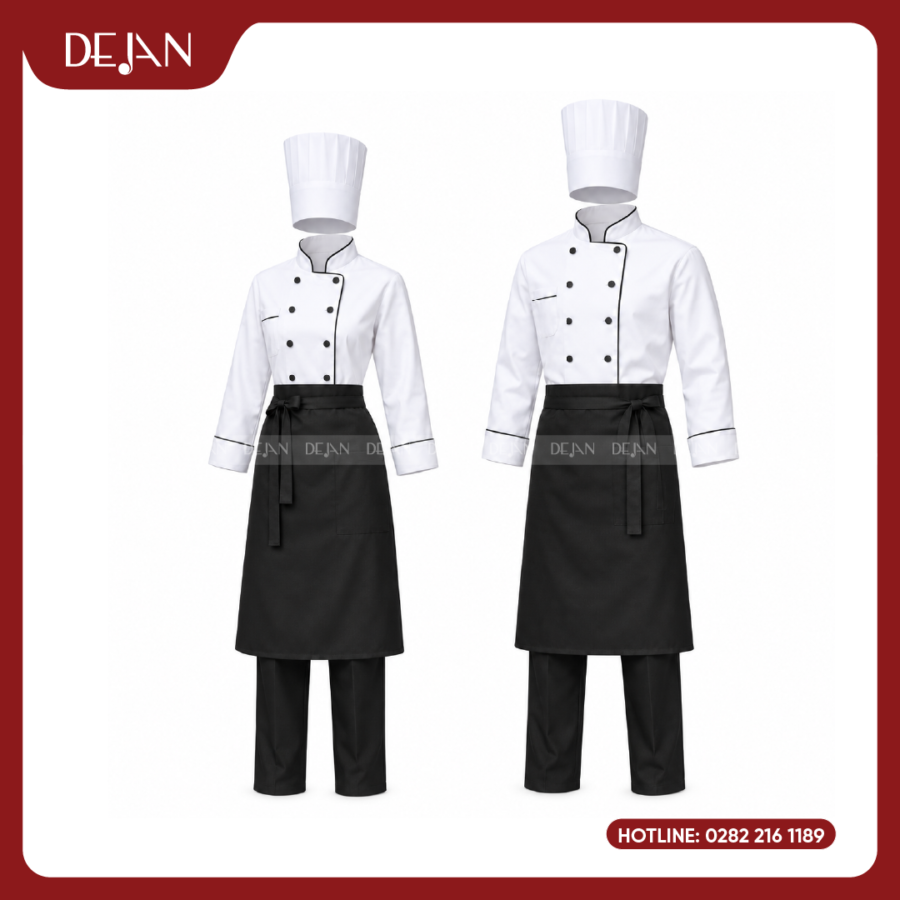 Đồng Phục Đầu Bếp DJDB1001 - Áo Chef Trắng Viền Đen Kinh Điển, Tạp Dề Đen