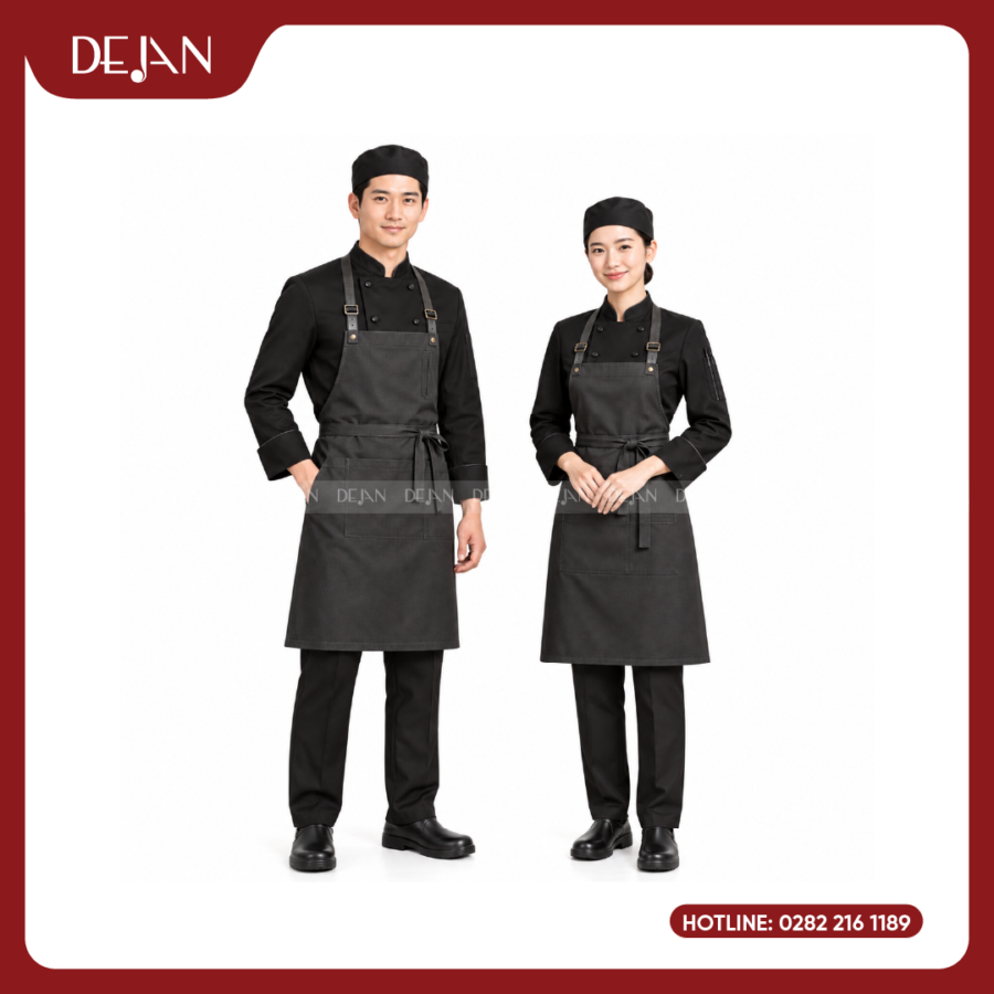 Đồng Phục Đầu Bếp DJDB1002 - Áo Chef Đen Tạp Dề Yếm Xám Chì Dây Đeo Da