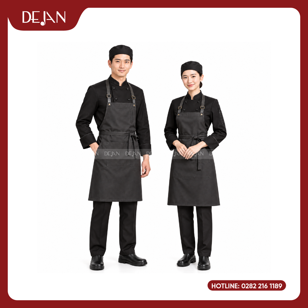DJDB1002-dong-phuc-dau-bep-01 Đồng Phục Đầu Bếp DJDB1002 - Áo Chef Đen Tạp Dề Yếm Xám Chì Dây Đeo Da