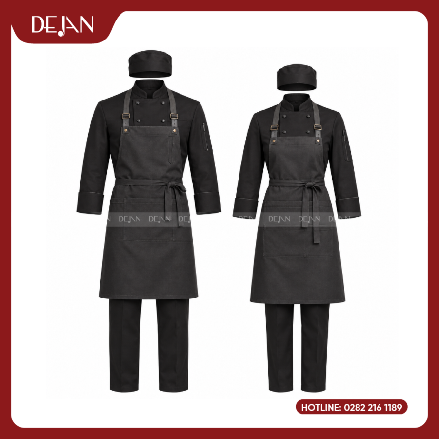 Đồng Phục Đầu Bếp DJDB1002 - Áo Chef Đen Tạp Dề Yếm Xám Chì Dây Đeo Da
