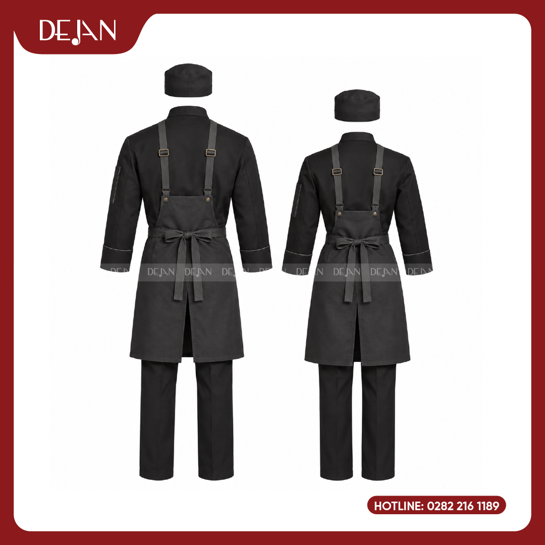 DJDB1002-dong-phuc-dau-bep-03 Đồng Phục Đầu Bếp DJDB1002 - Áo Chef Đen Tạp Dề Yếm Xám Chì Dây Đeo Da