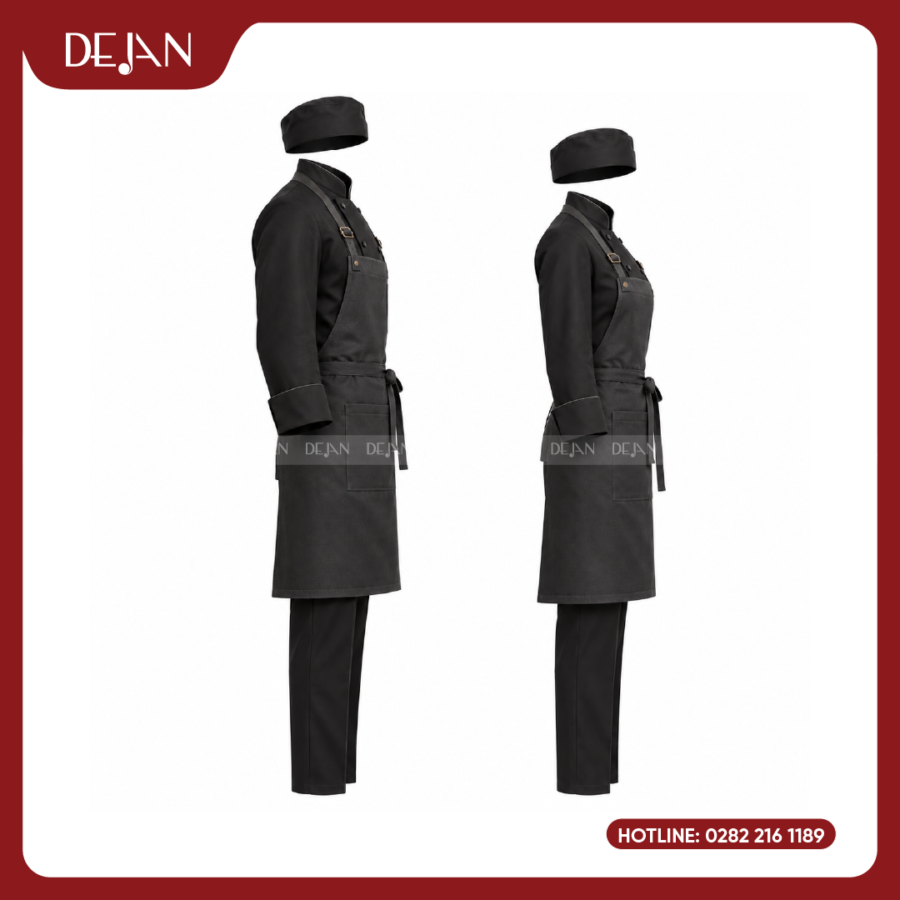 Đồng Phục Đầu Bếp DJDB1002 - Áo Chef Đen Tạp Dề Yếm Xám Chì Dây Đeo Da