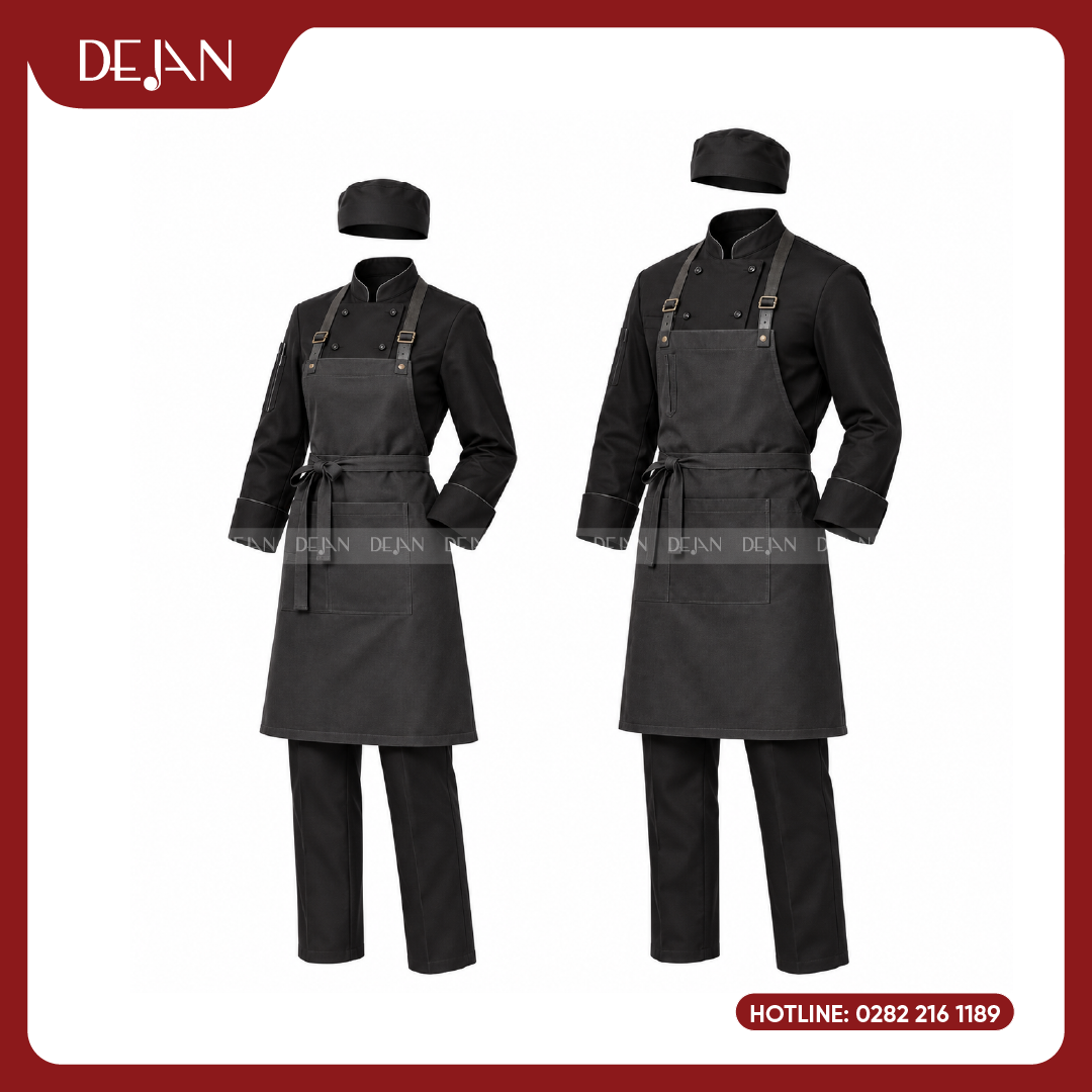 DJDB1002-dong-phuc-dau-bep-05 Đồng Phục Đầu Bếp DJDB1002 - Áo Chef Đen Tạp Dề Yếm Xám Chì Dây Đeo Da