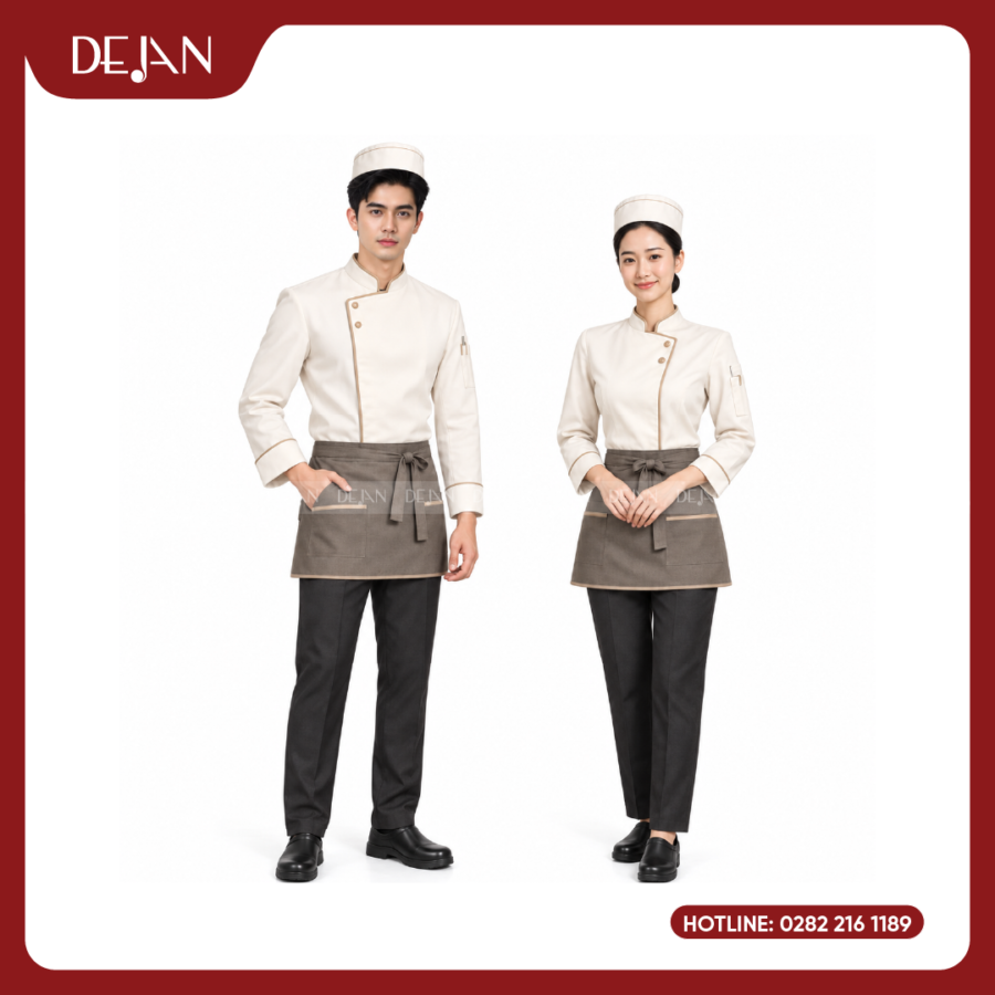 Đồng Phục Đầu Bếp DJDB1003 - Áo Chef Kem Viền Nâu Be, Tạp Dề Lửng Nâu Xám
