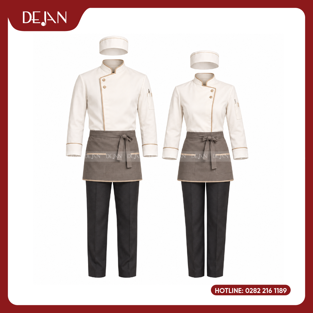DJDB1003-dong-phuc-dau-bep-02 Đồng Phục Đầu Bếp DJDB1003 - Áo Chef Kem Viền Nâu Be, Tạp Dề Lửng Nâu Xám