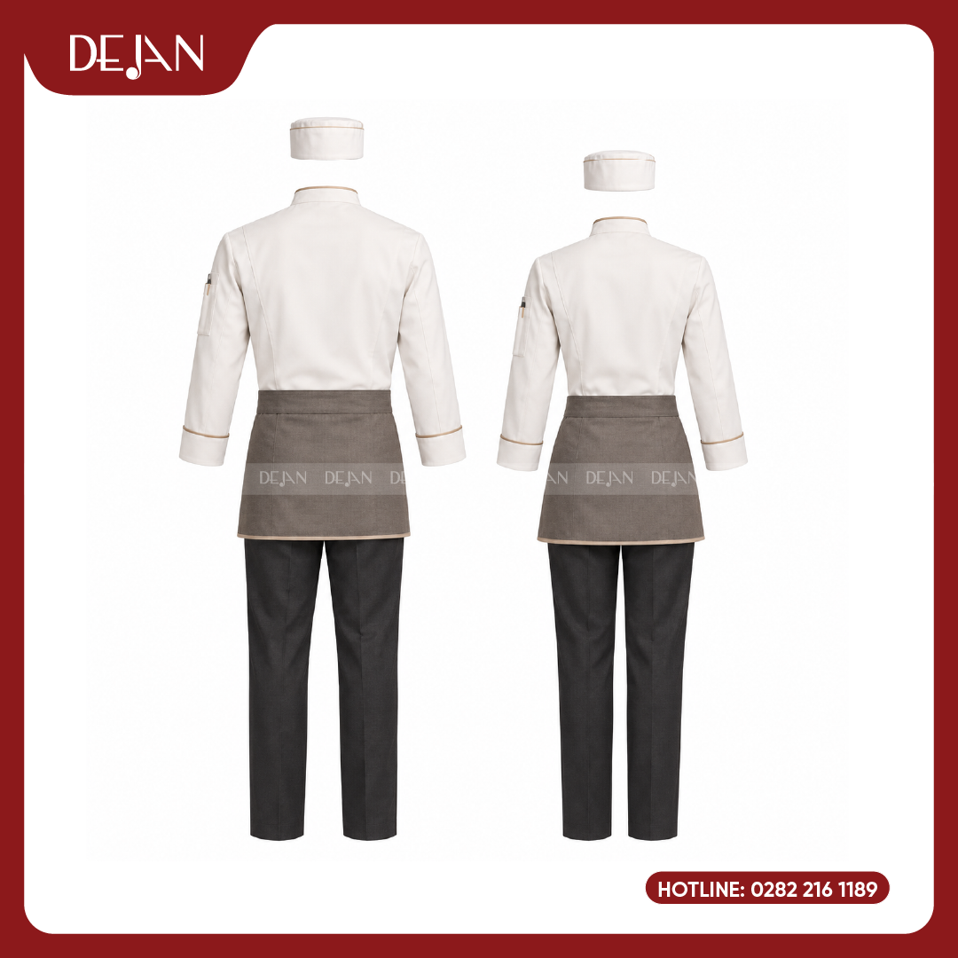 DJDB1003-dong-phuc-dau-bep-03 Đồng Phục Đầu Bếp DJDB1003 - Áo Chef Kem Viền Nâu Be, Tạp Dề Lửng Nâu Xám