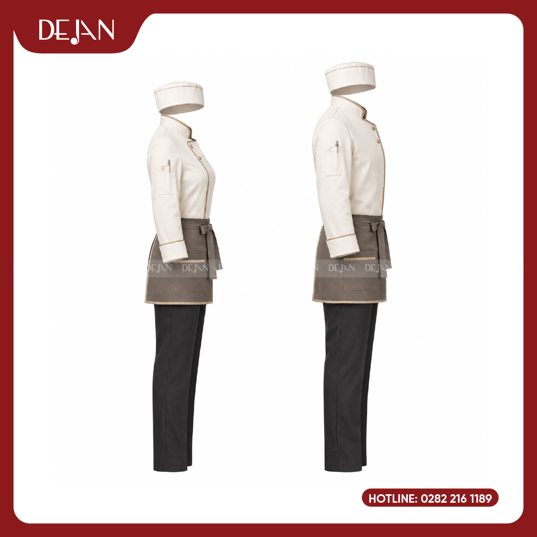 DJDB1003-dong-phuc-dau-bep-04 Đồng Phục Đầu Bếp DJDB1003 - Áo Chef Kem Viền Nâu Be, Tạp Dề Lửng Nâu Xám