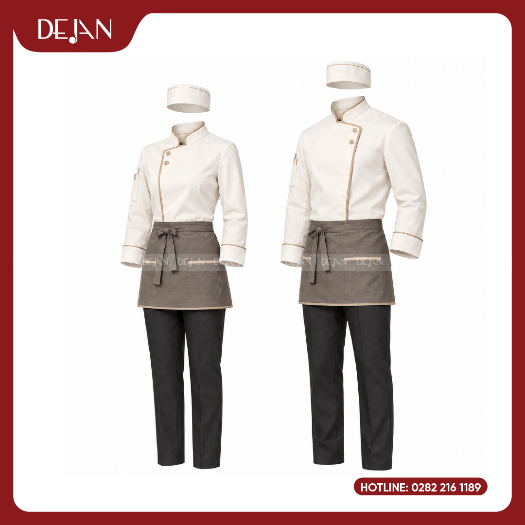 DJDB1003-dong-phuc-dau-bep-05 Đồng Phục Đầu Bếp DJDB1003 - Áo Chef Kem Viền Nâu Be, Tạp Dề Lửng Nâu Xám