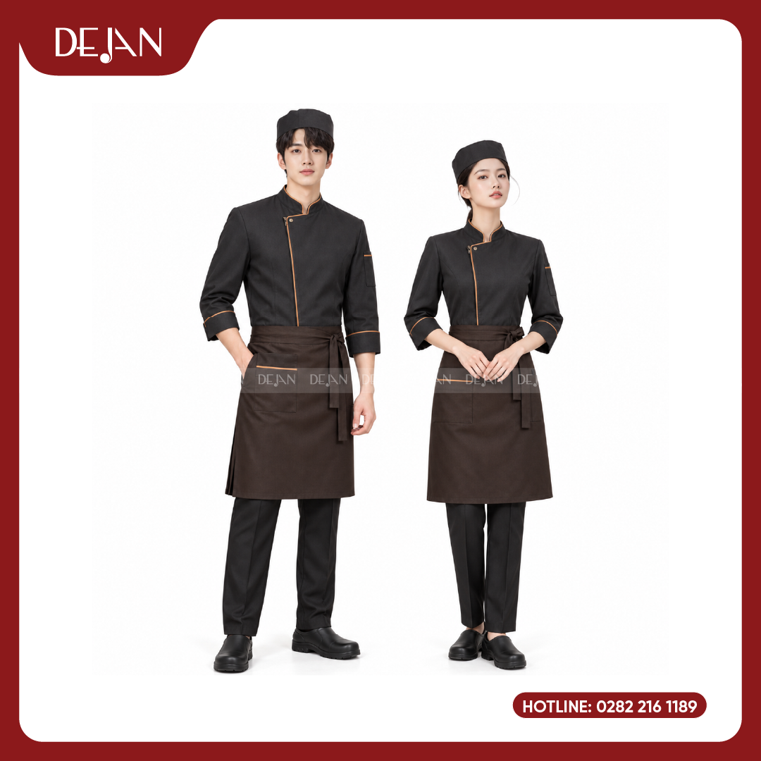 DJDB1004-dong-phuc-dau-bep-01 Đồng Phục Đầu Bếp DJDB1004 - Áo Chef Đen Viền Cam Đồng, Tạp Dề Nâu Socola