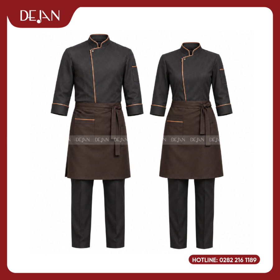Đồng Phục Đầu Bếp DJDB1004 - Áo Chef Đen Viền Cam Đồng, Tạp Dề Nâu Socola