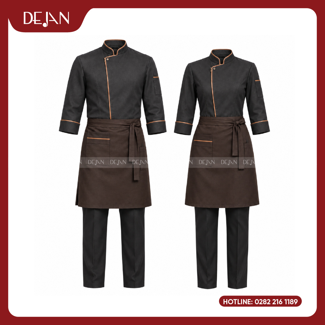 DJDB1004-dong-phuc-dau-bep-02 Đồng Phục Đầu Bếp DJDB1004 - Áo Chef Đen Viền Cam Đồng, Tạp Dề Nâu Socola