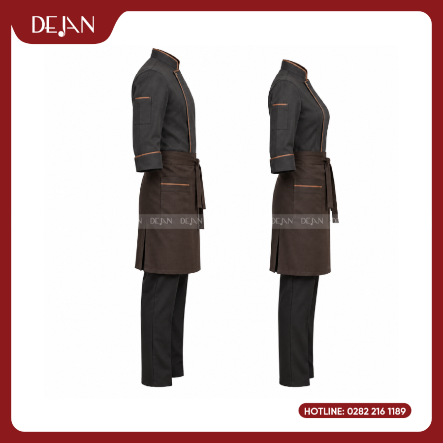 Đồng Phục Đầu Bếp DJDB1004 - Áo Chef Đen Viền Cam Đồng, Tạp Dề Nâu Socola