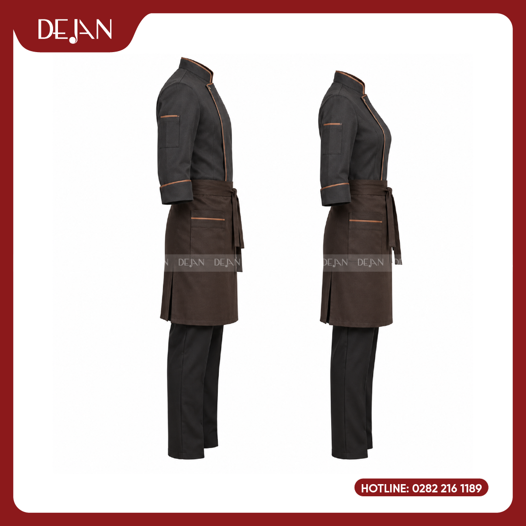 DJDB1004-dong-phuc-dau-bep-04 Đồng Phục Đầu Bếp DJDB1004 - Áo Chef Đen Viền Cam Đồng, Tạp Dề Nâu Socola