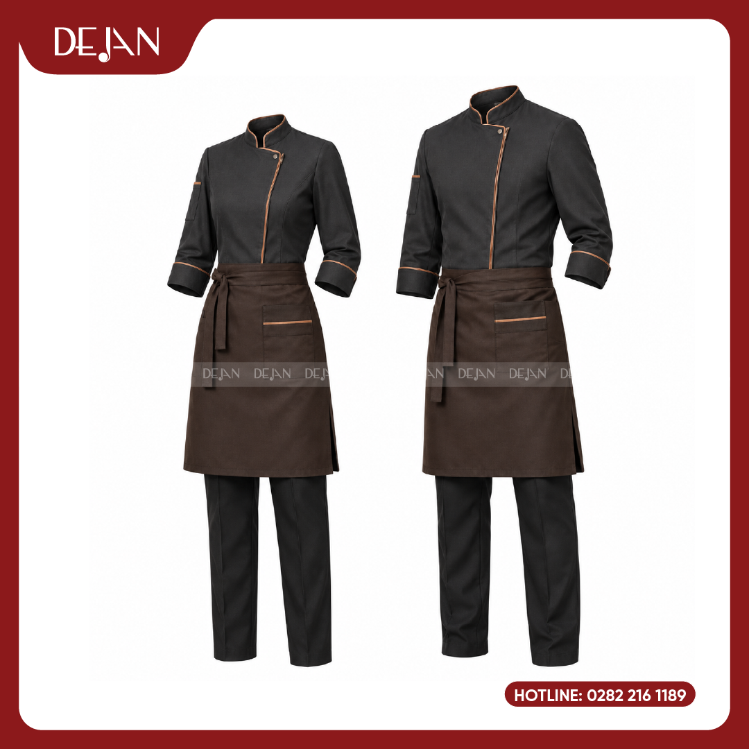 DJDB1004-dong-phuc-dau-bep-05 Đồng Phục Đầu Bếp DJDB1004 - Áo Chef Đen Viền Cam Đồng, Tạp Dề Nâu Socola