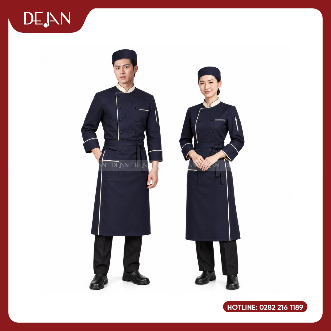DJDB1005-dong-phuc-dau-bep-01 Đồng Phục Đầu Bếp DJDB1005 - Áo Chef Xanh Navy Viền Kem, Tạp Dề Dài
