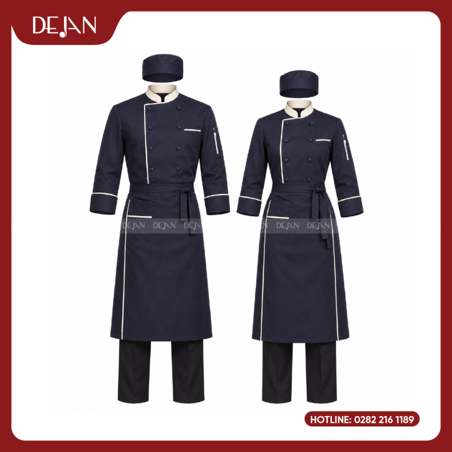 Đồng Phục Đầu Bếp DJDB1005 - Áo Chef Xanh Navy Viền Kem, Tạp Dề Dài