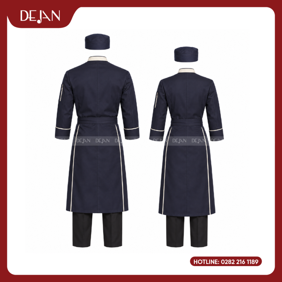 Đồng Phục Đầu Bếp DJDB1005 - Áo Chef Xanh Navy Viền Kem, Tạp Dề Dài