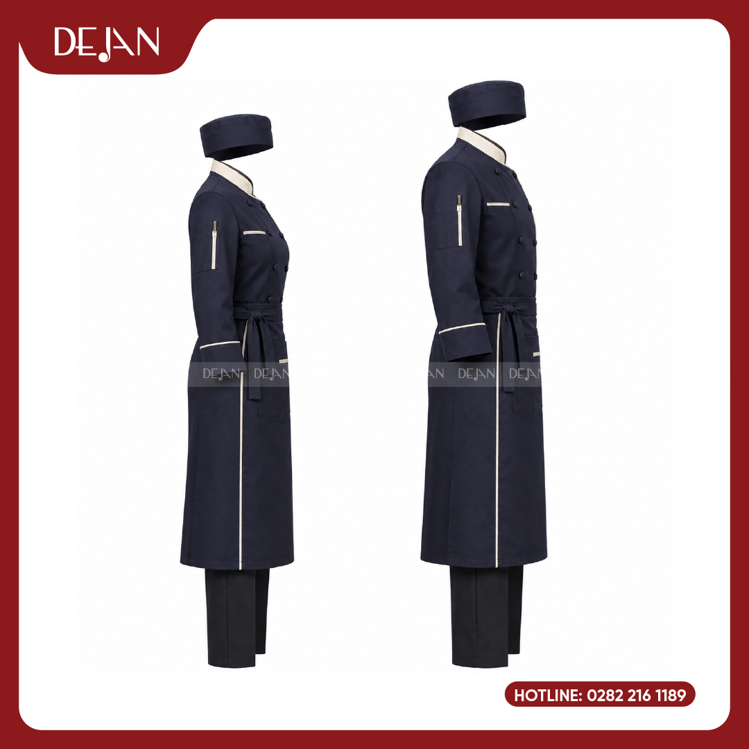 DJDB1005-dong-phuc-dau-bep-04 Đồng Phục Đầu Bếp DJDB1005 - Áo Chef Xanh Navy Viền Kem, Tạp Dề Dài