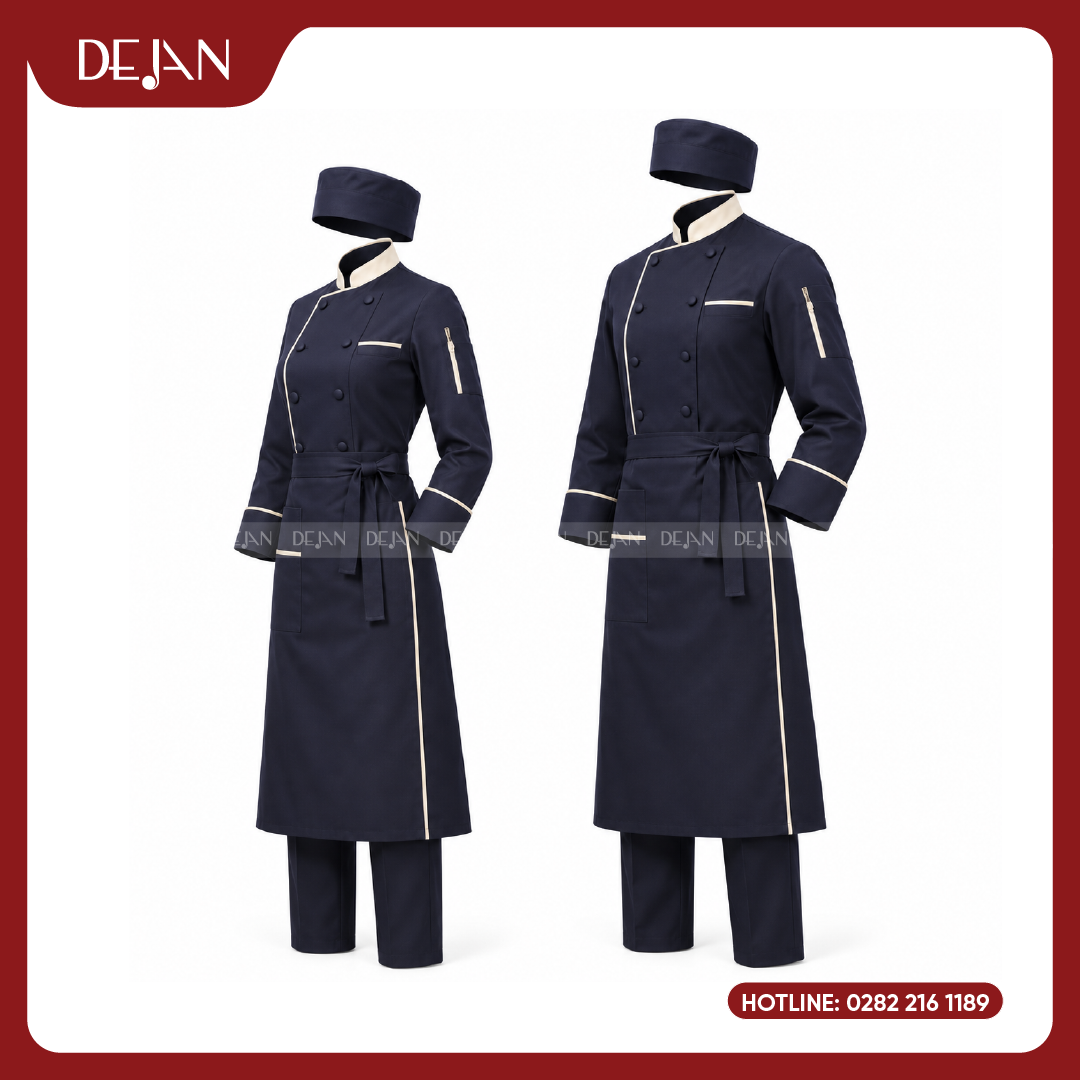 DJDB1005-dong-phuc-dau-bep-05 Đồng Phục Đầu Bếp DJDB1005 - Áo Chef Xanh Navy Viền Kem, Tạp Dề Dài