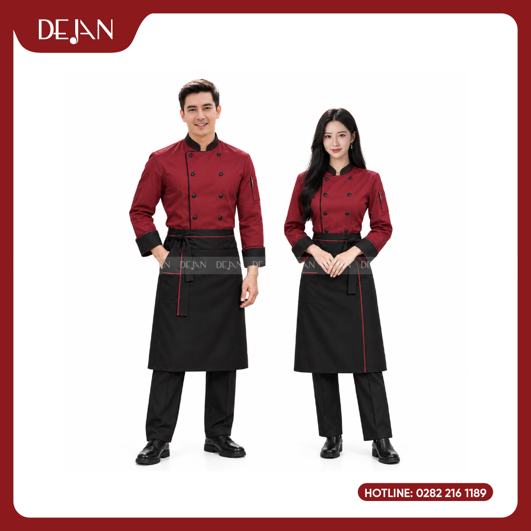 DJDB1006-dong-phuc-dau-bep-01 Đồng Phục Đầu Bếp DJDB1006 - Áo Chef Đỏ Đô Cổ Tay Đen, Tạp Dề Đen Viền Đỏ