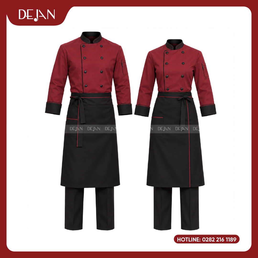 DJDB1006-dong-phuc-dau-bep-02 Đồng Phục Đầu Bếp DJDB1006 - Áo Chef Đỏ Đô Cổ Tay Đen, Tạp Dề Đen Viền Đỏ