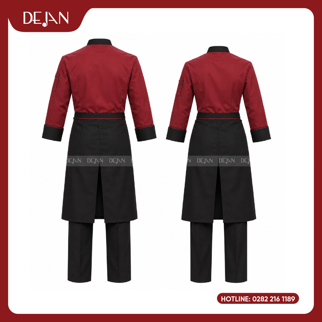 DJDB1006-dong-phuc-dau-bep-03 Đồng Phục Đầu Bếp DJDB1006 - Áo Chef Đỏ Đô Cổ Tay Đen, Tạp Dề Đen Viền Đỏ