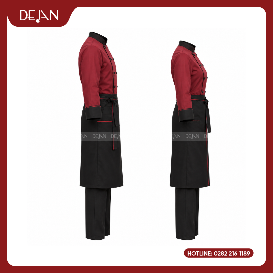 DJDB1006-dong-phuc-dau-bep-04 Đồng Phục Đầu Bếp DJDB1006 - Áo Chef Đỏ Đô Cổ Tay Đen, Tạp Dề Đen Viền Đỏ