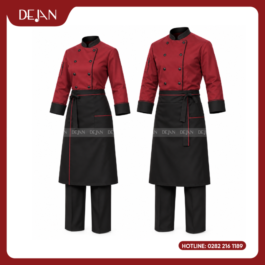 Đồng Phục Đầu Bếp DJDB1006 - Áo Chef Đỏ Đô Cổ Tay Đen, Tạp Dề Đen Viền Đỏ